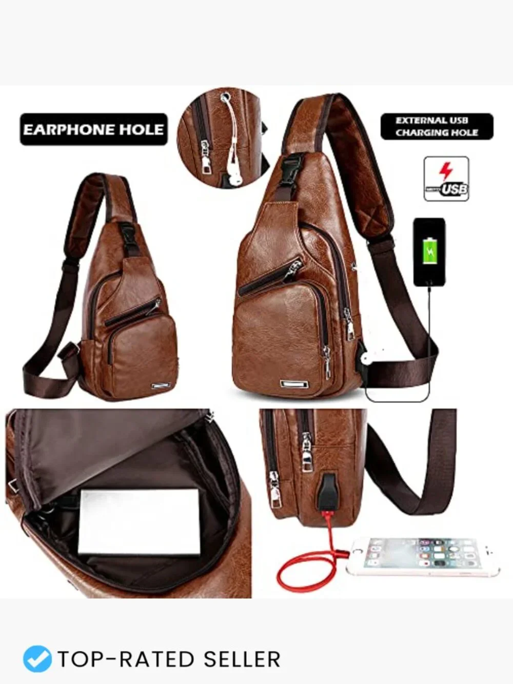 Leather Sling Bag Crossbody Chest Backpack for Men with USB Charge Port Large